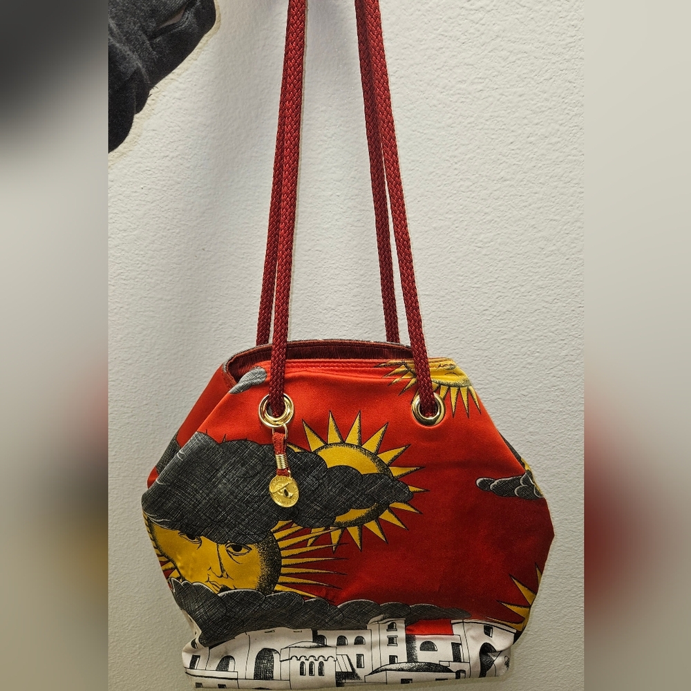 VINTAGE FORNASETTI MADE IN ITALY MILANO ARTSY COLORFUL SUN LANDSCAPE PURSE BAG - Picture 8 of 16
